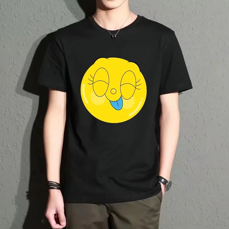 Men's Black Round-Neck Short-Sleeved T-Shirt, Fun Smiley Face Print Casual Top, Comfortable and Versatile for Everyday Outings, Simple and Trendy Style, New Summer Product