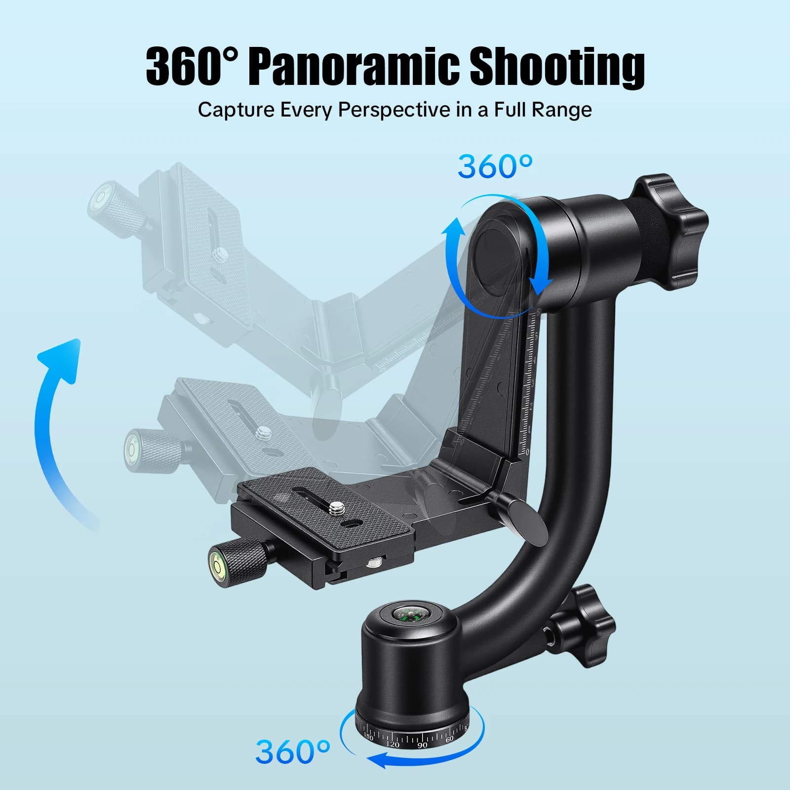 360° Panoramic Gimbal Tripod Head 20kg Load for DSLR Camera Heavy Lens with Quick Release Plate Bubble Level Stable Smooth