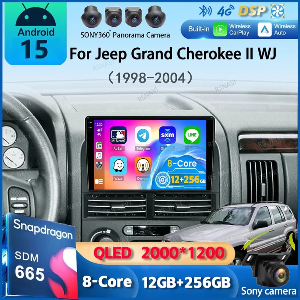Android 15 Carplay Auto Autoradio Per Jeep Grand Cherokee II WJ 1998 - 2004 Navigazione GPS Lettore Multimediale Stereo WIFI + 4G 2DIN