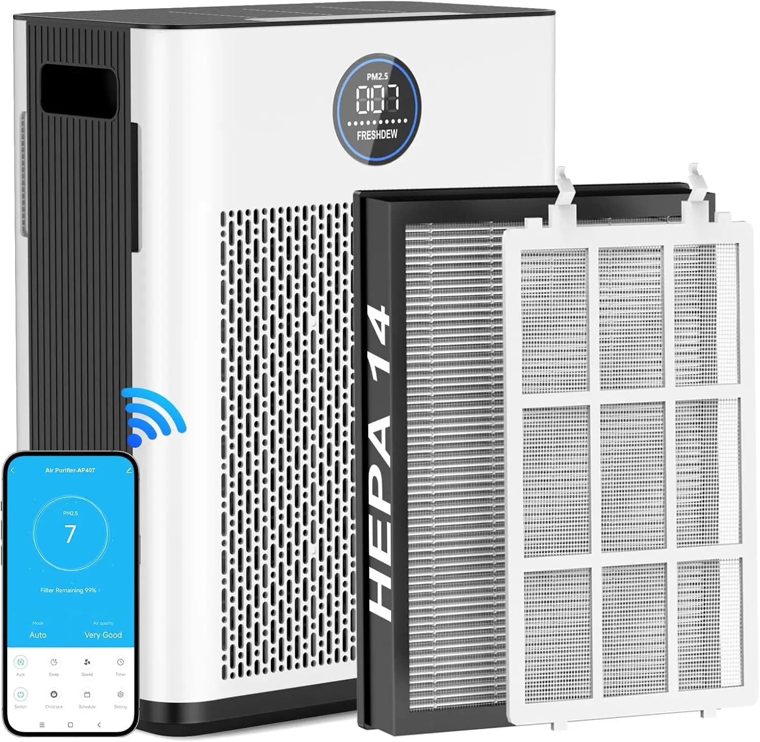 Purificatore d'aria WiFi intelligente con filtro HEPA H14, rimuove polvere e odori al 99,99%, copre 2300 piedi quadrati, silenzioso ed efficiente in energia