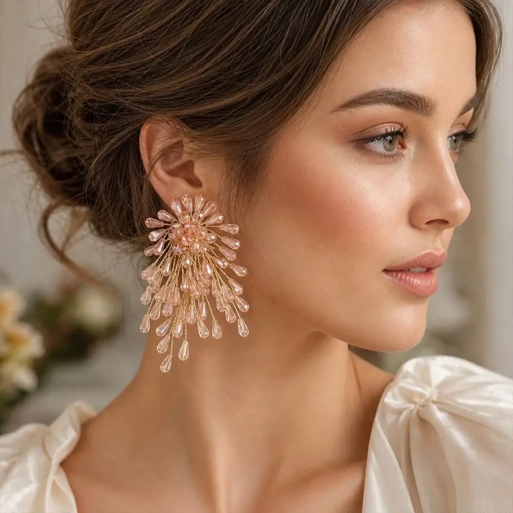 Exaggerated Crystal Beaded Earrings Bridal Jewelry Sparkling Hoop Earrings Star Shape Handcrafted Ear Studs Party Wear