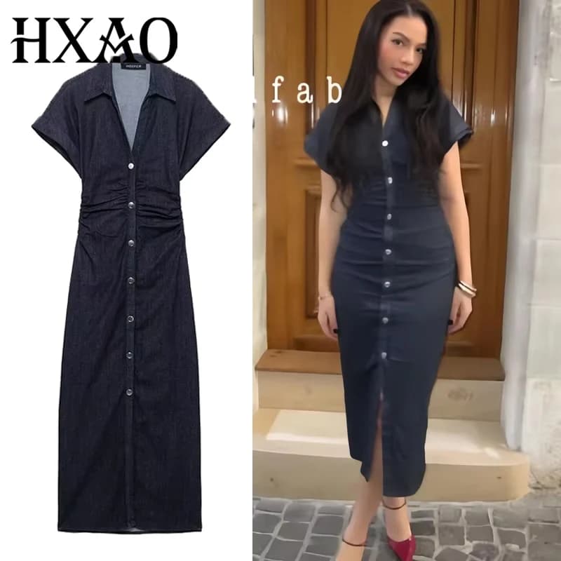 HXAO Abiti in denim blu Donna Camicia a maniche corte Abito lungo Donna Estate Increspato Aderente Abiti casual Elegante abito longuette 088