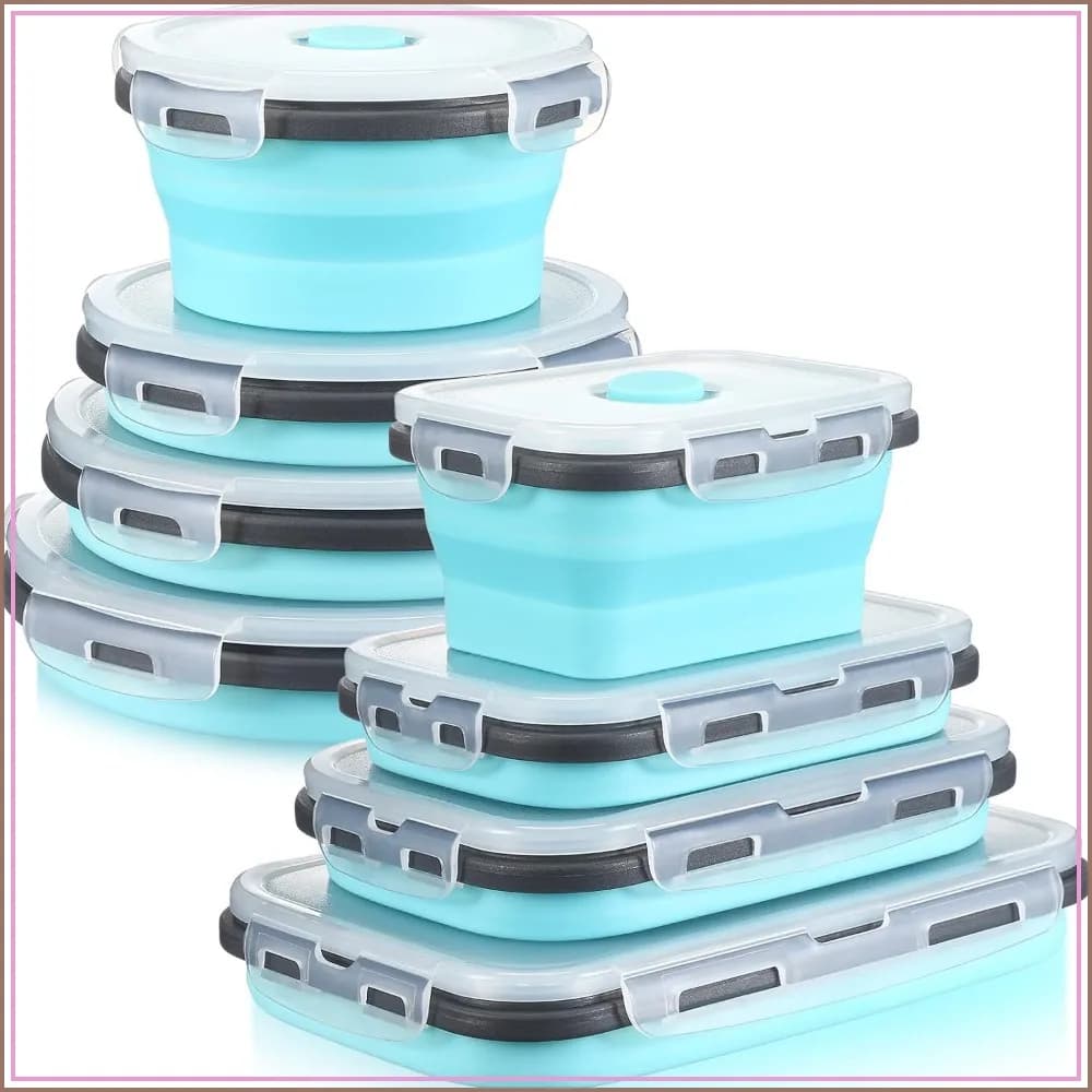 8 Pcs Collapsible Food Storage Containers Foldable Silicone Lunch Containers with Lids 4 Rectangle Bowls and 4 Round Bowls Microwave Freezer Dishwasher Safe Blue