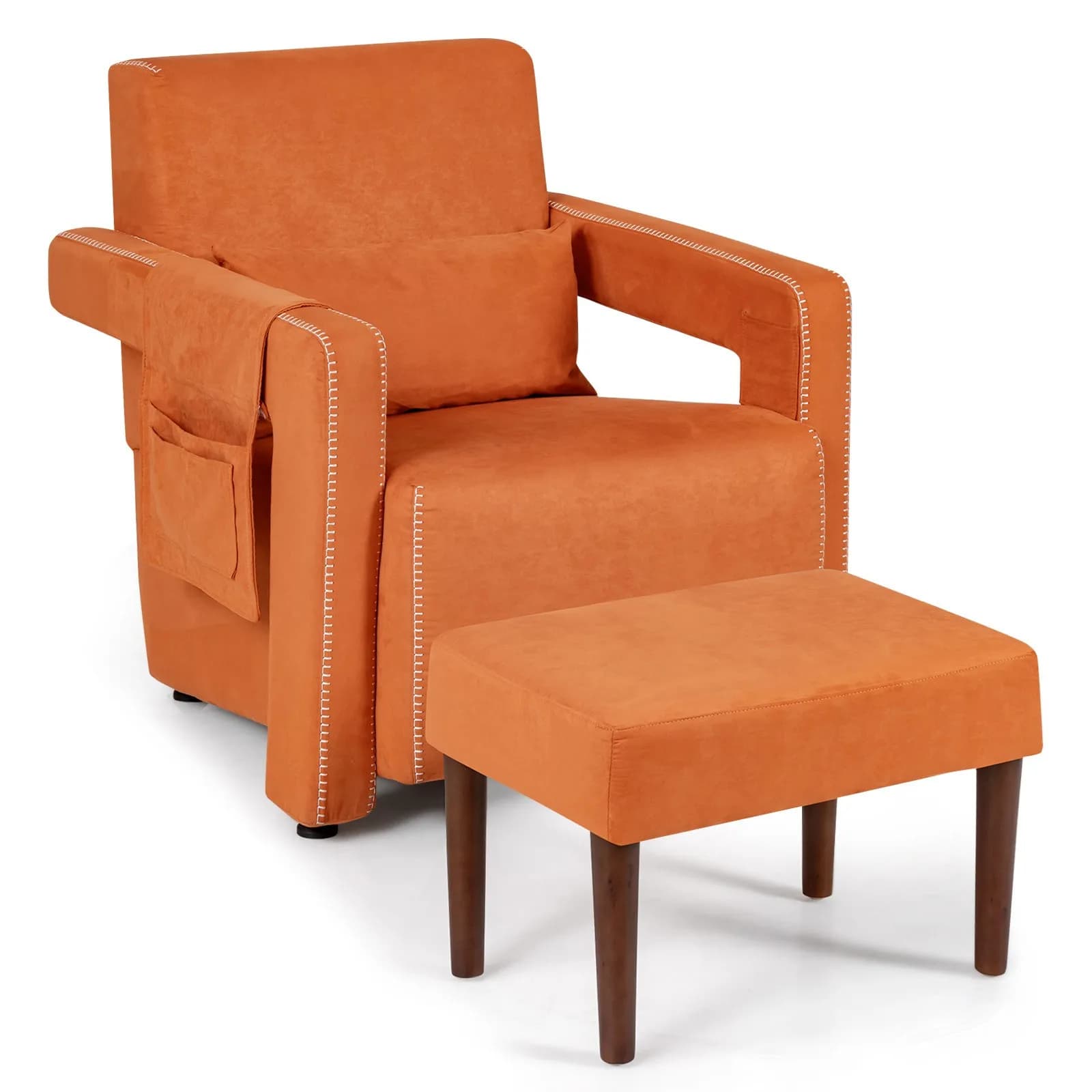 Modern Berber Fleece Single Sofa Chair w/ Waist Pillow & Ottoman Orange