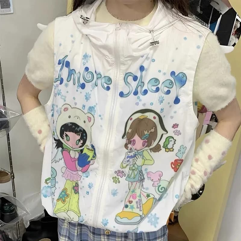 Giappone dolce anime cartone animato stampato gilet con cerniera senza maniche carino gilet kawaii allentato casual street graffiti preppy top