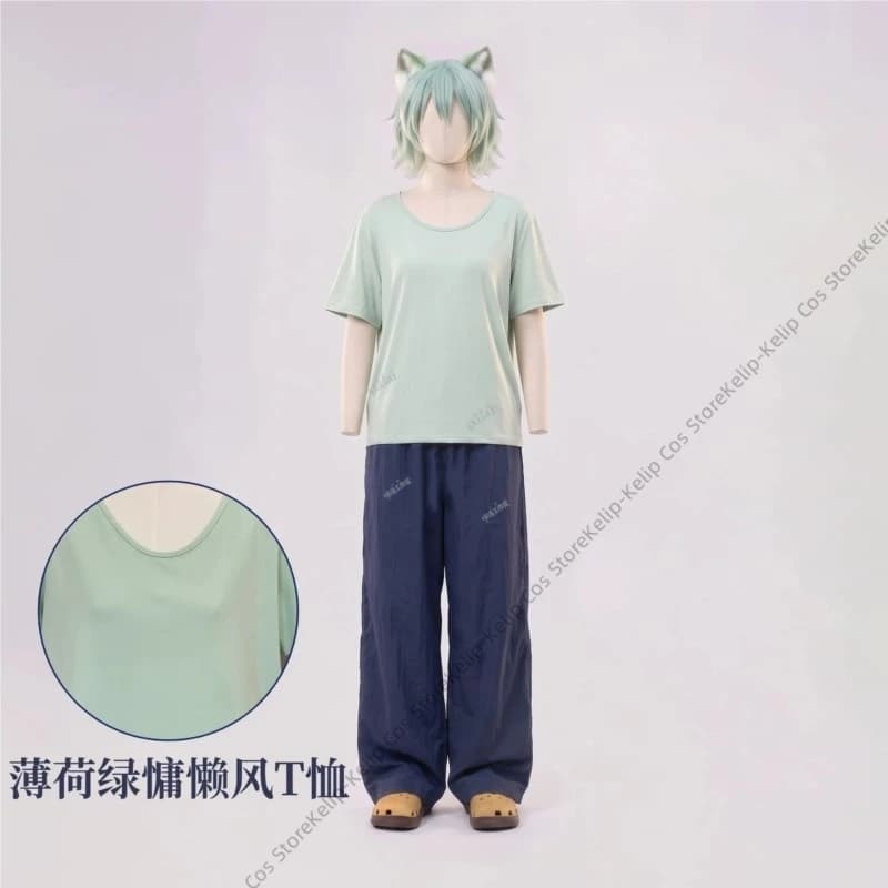 Chainsmoker Cat Yaniko Sato Yani Neko Cosplay Costume Mint T-Shirt Pants Set with Optional Wig Cat Ears Tail Comic Con Outfit