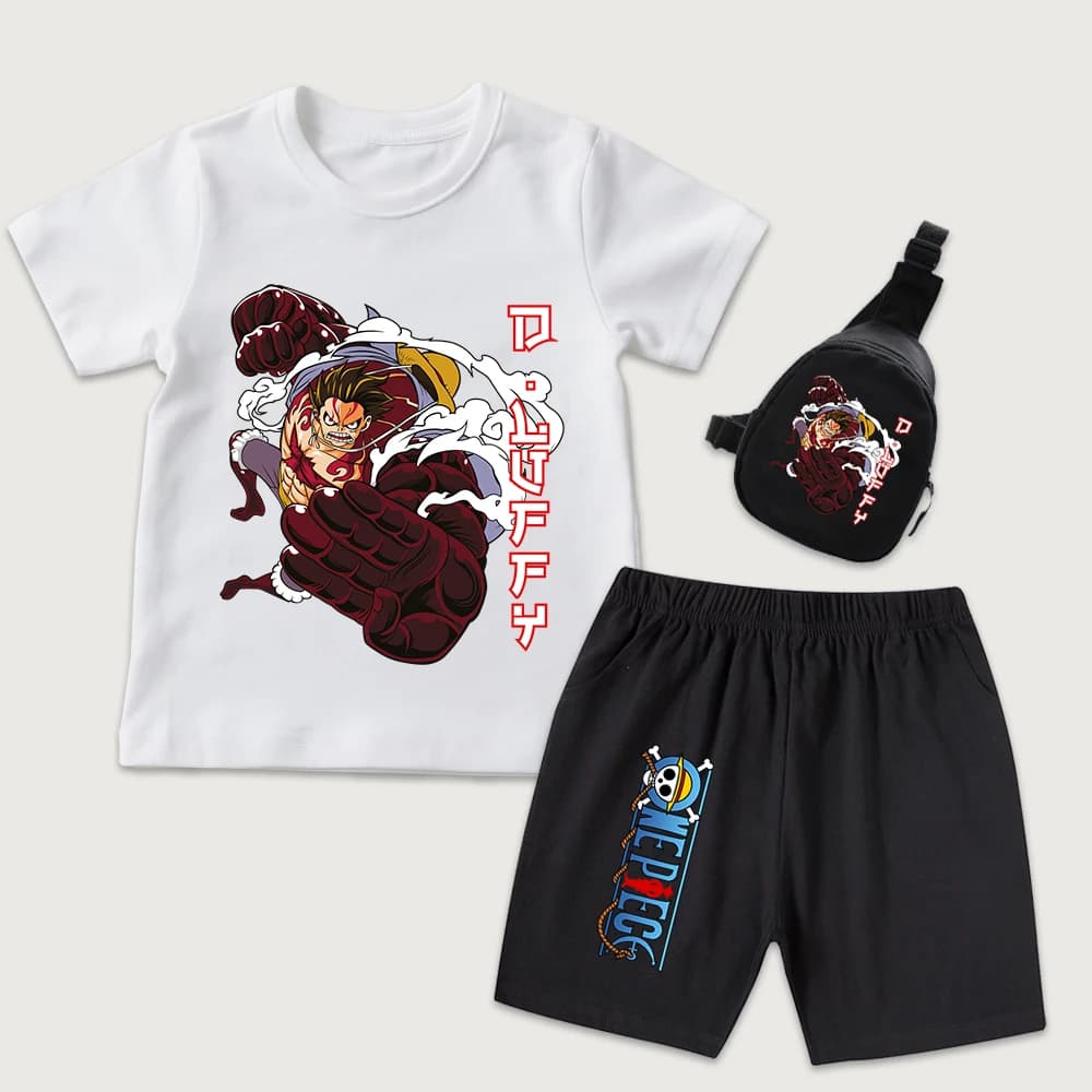 Kids Anime One Piece Luffy Gear 4 Print Cotton T Shirt Shorts Mini Chest Bag 3 Piece Set Boys Girls Casual Summer Outfit