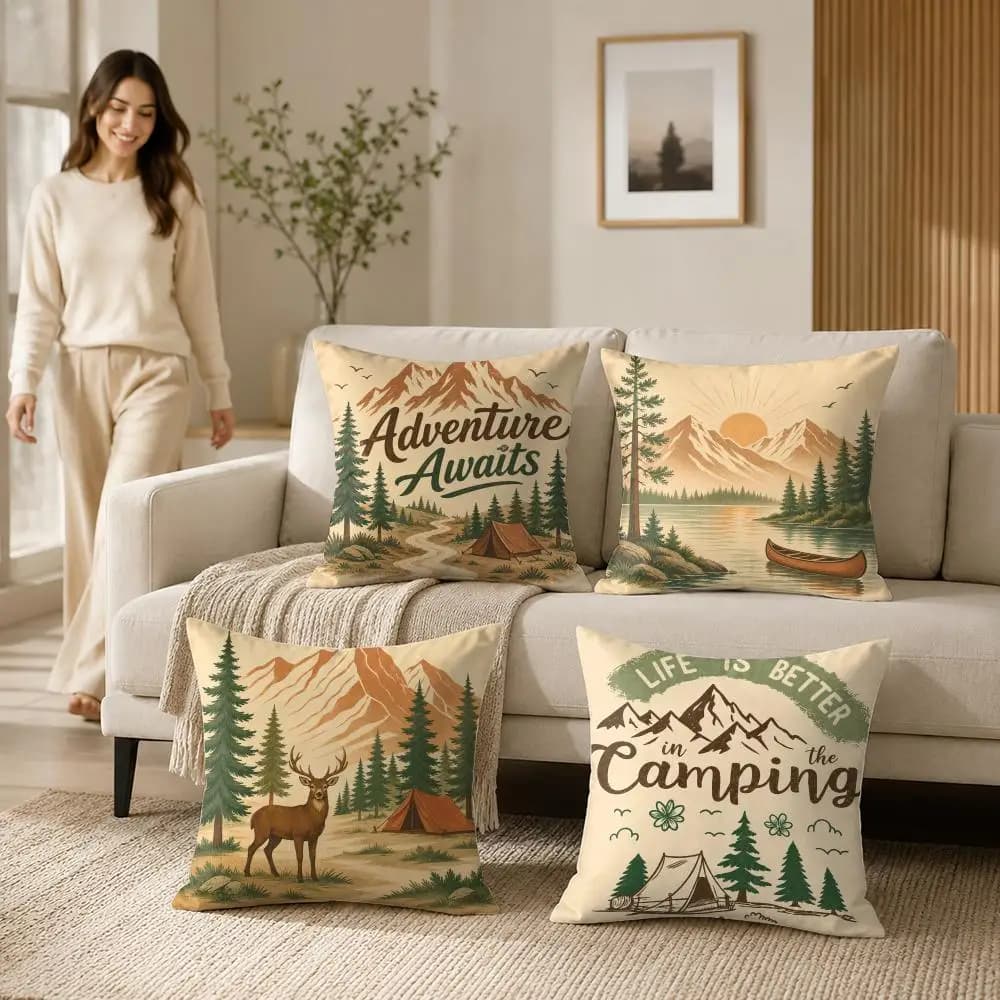 Camping Mountain Forest Adventure Cushion Cover Soft Short Plush Pillow Case Double Sided Print Washable Sofa Home Decor Gift