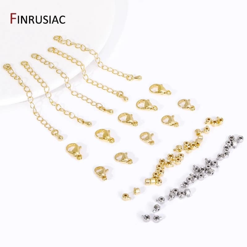 Perline a crimpare placcate oro 14K, chiusura a moschettone, catene a coda di estensione, accessori per la creazione di gioielli fai da te