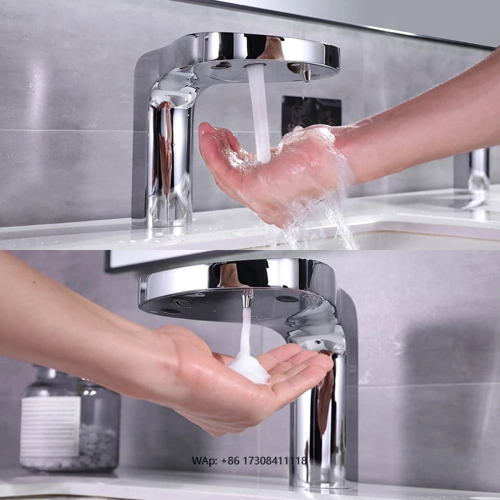 Rubinetto Automatico 2-in-1 in Ottone con Sensore e Dispenser di Sapone Liquido/Schiuma, Montaggio a Foro Singolo per Uso Commerciale