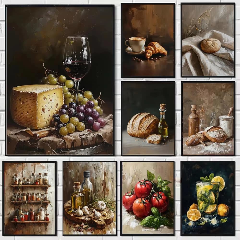 Digital Oil Painting By Numbers Bread Cheese Red Wine Kitchen Condiments on Canvas Home Decor for Kitchen Frameless