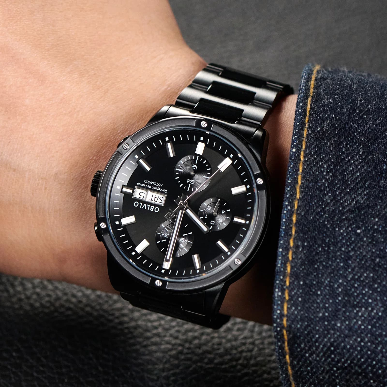 OBLVLO abito da uomo di marca orologio automatico meccanico cinturino in acciaio inossidabile zaffiro impermeabile data automatica Display 24 ore 42mm CM