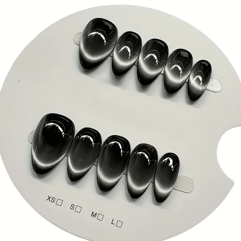 10 pezzi di unghie finte fatte a mano effetto occhio di gatto, nere e argento sfumato, a forma di mandorla, riutilizzabili, copertura completa, stile salone di bellezza, decorazioni per nail art, per uso quotidiano e feste.