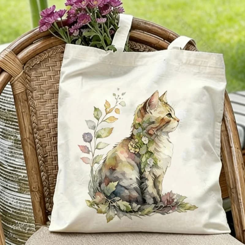 Borsa a tracolla riutilizzabile ecologica in tela con motivo floreale e gatto, 1 pezzo