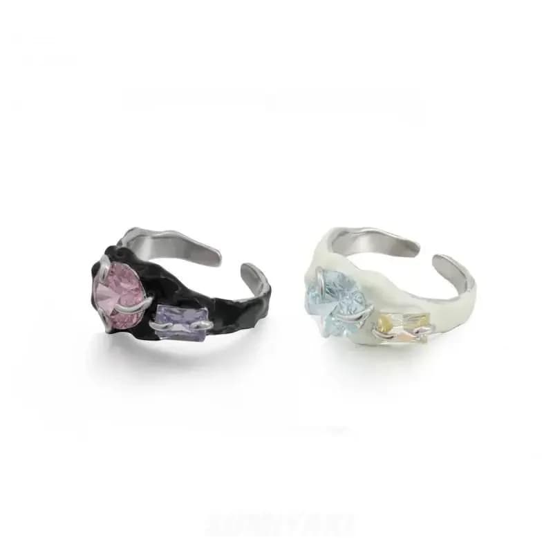Rainbow zircon dripping oil black and white couple pair ring open ring