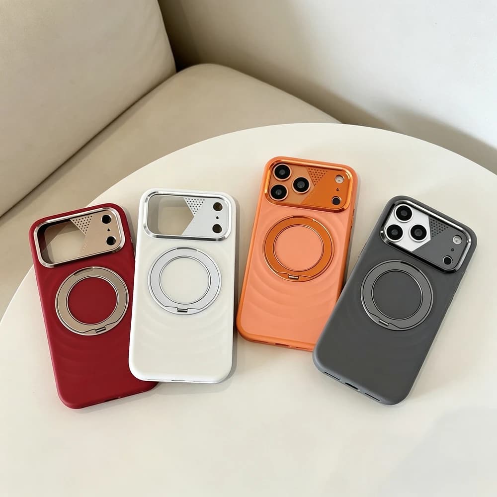 For iPhone 17 Pro 17 ProMax Solid Color Ripple Texture Phone Case With Metal Lens Cover 360 Degree Rotatable Metal Ring Bracket
