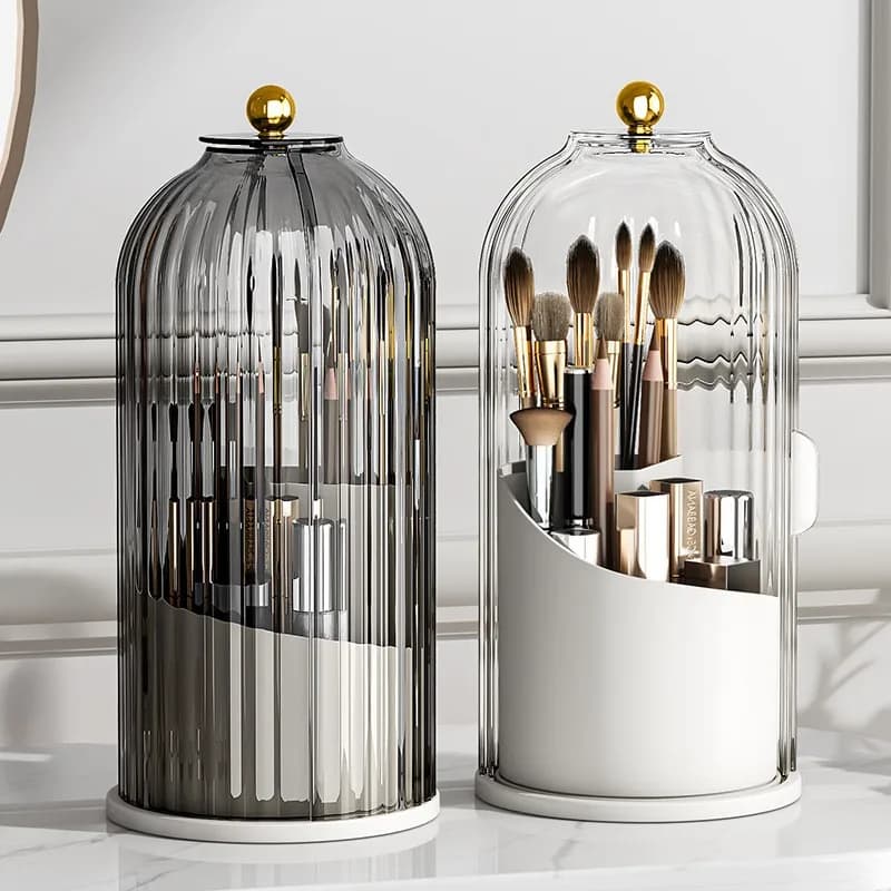 Dustproof Waterproof 360° Rotating Makeup Brush Holder, Lidded Clear Cosmetic Storage Organizer with 3 Dividers for Skincare & M