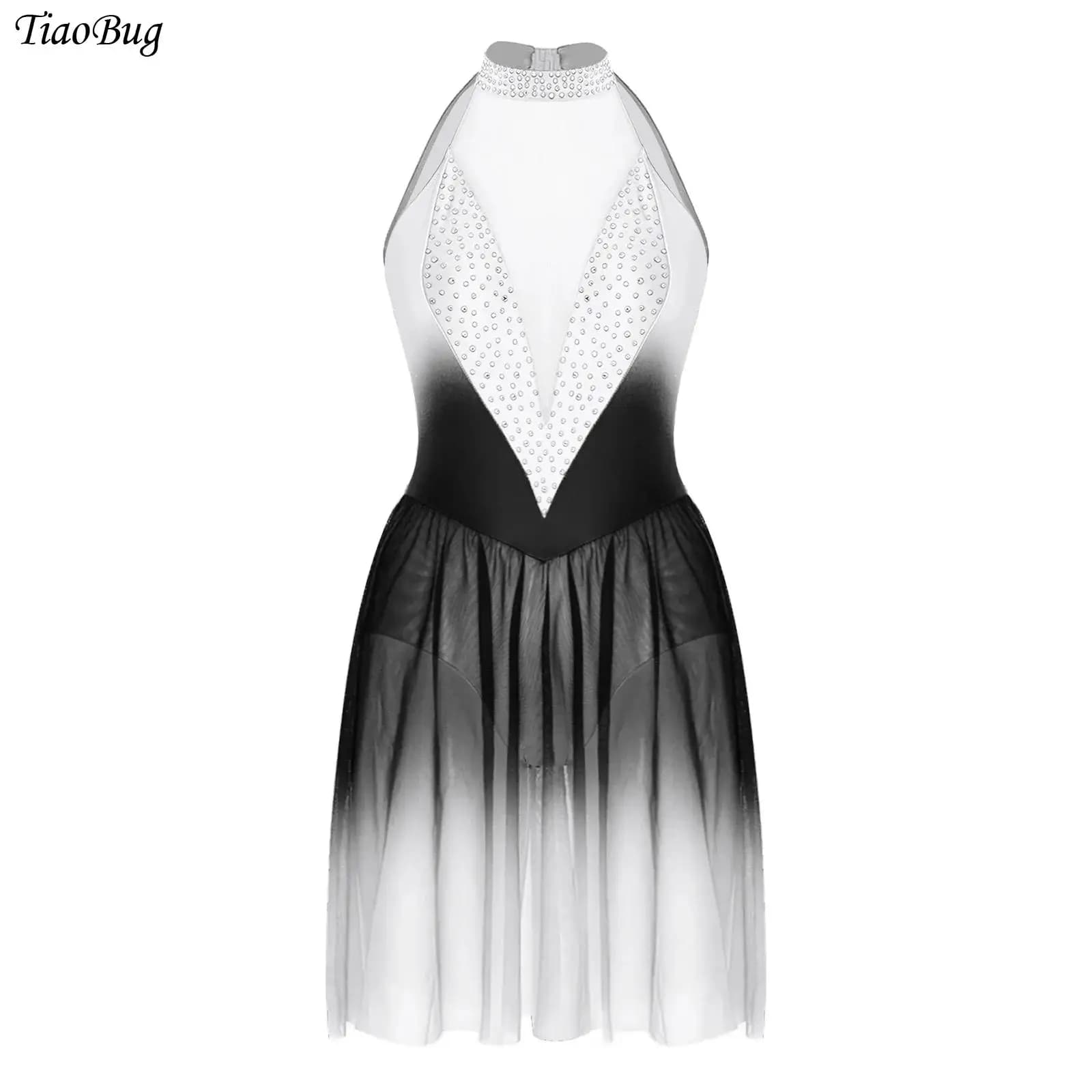 Abito da pattinaggio su ghiaccio con strass da donna, senza maniche, con scollo all'americana, in rete trasparente, per balletto ginnico, abbigliamento da ballo lirico contemporaneo