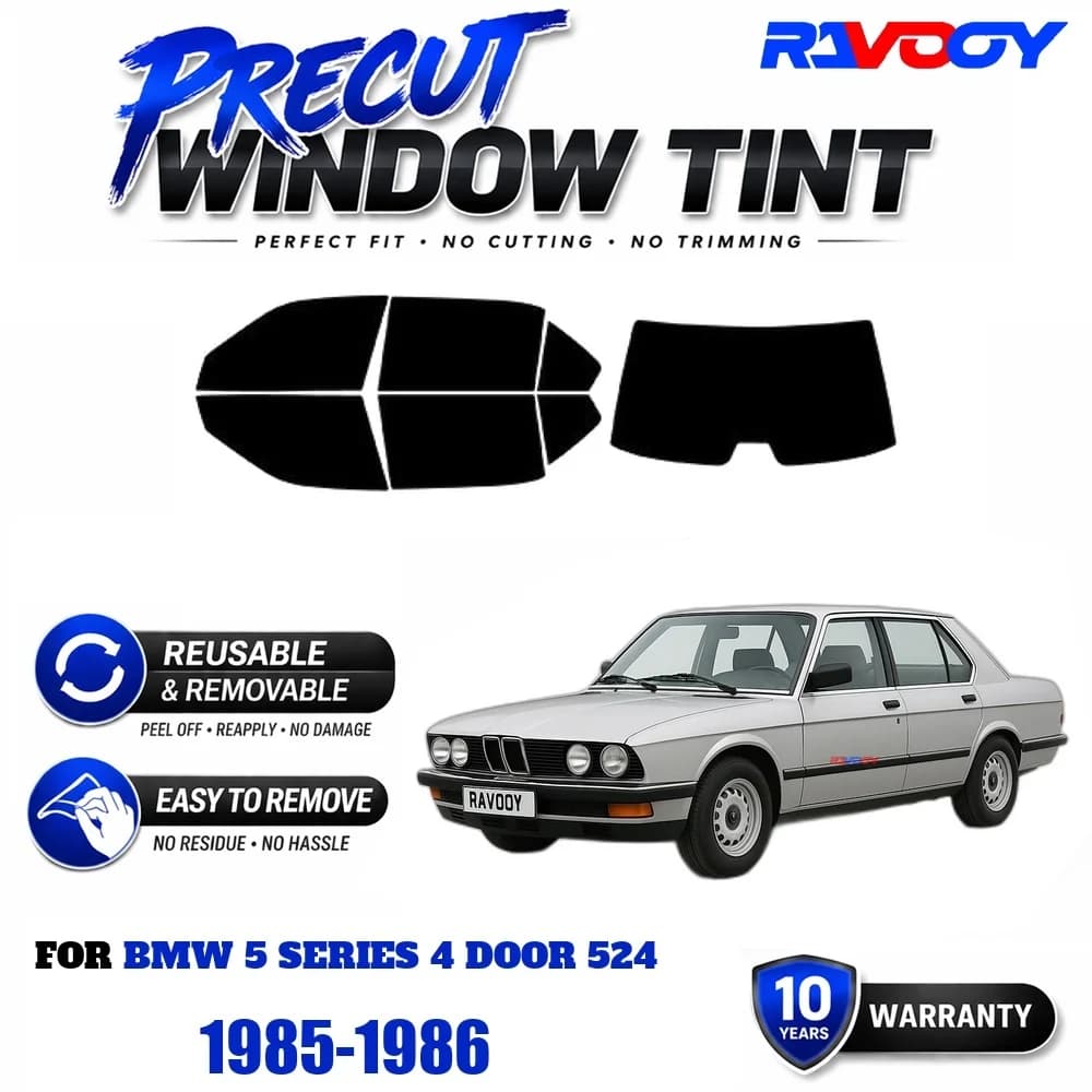 RAVOOY Precut Window Tint, Reusable Removable EPU Film, Custom Fit for Bmw 5 Series 4 Door 524 1985-1986, UV Heat Protection