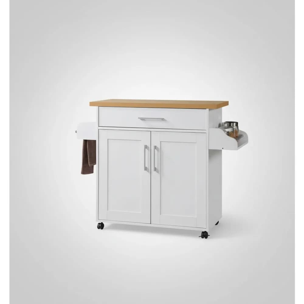 Isola da cucina bianca con portaspezie, portasciugamani e cassetto, design mobile per piccoli appartamenti e dormitori