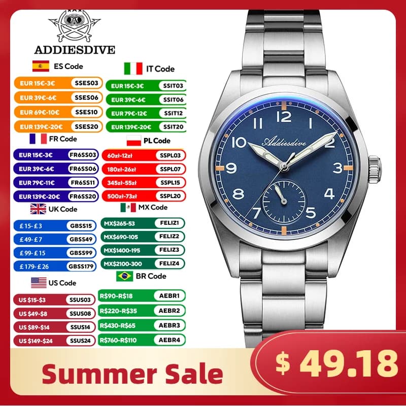 ADDIESDIVE 2025 36MM Orologio da uomo Bubble Mirror K1 Vetro minerale Reloj Hombre VH60 Movimento 10ATM Impermeabile Luminoso Orologi da uomo