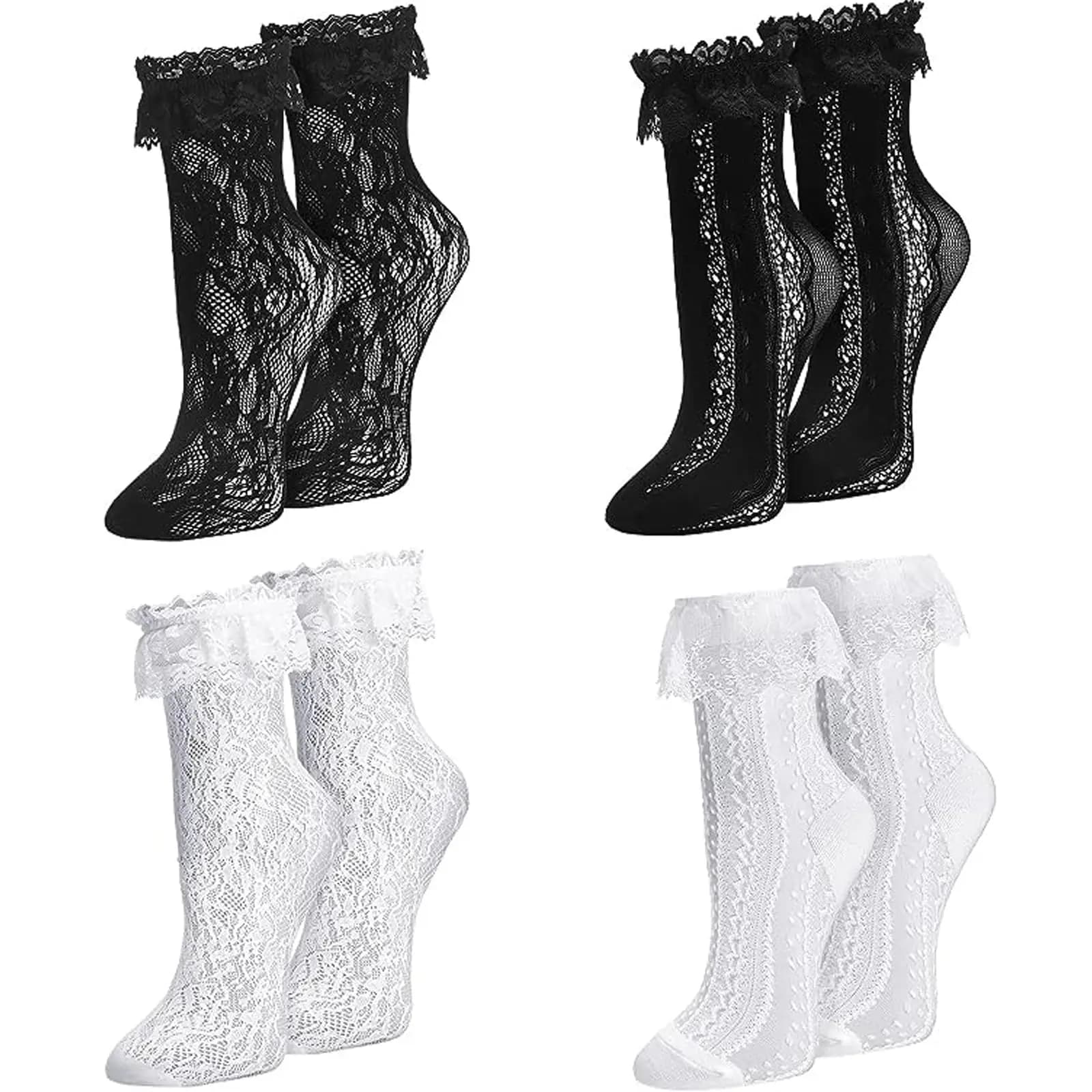 4/8 pairs of elegant women's socks in lace with volant, volant and geometric motifs - Lolita style socks with hollow mesh, cute socks