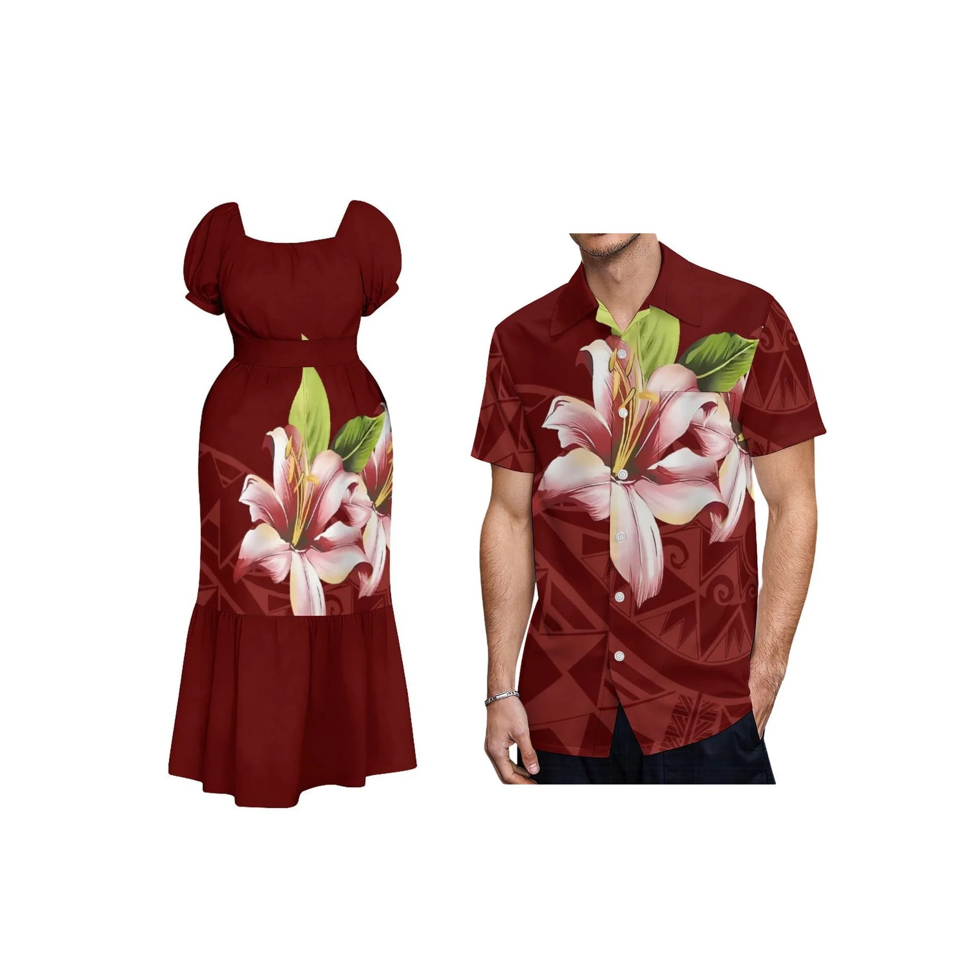 Women's Summer Dress with Design Pacific Islands, Customizable, with Volant and Belt, Square Neckline and Smurf Sleeves, Clothing Resort