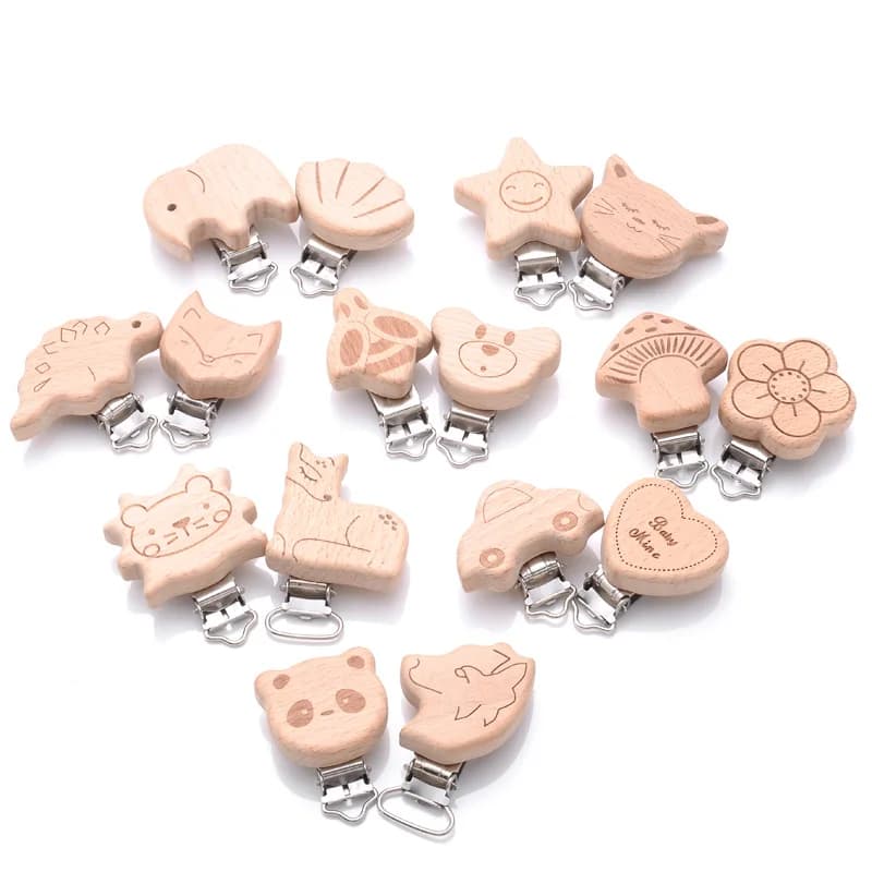 1 pz stampa animale manichino clip in legno di faggio clip per capezzoli per massaggiagengive giocattoli da masticare accessorio fai da te anti-goccia catena ciuccio per bambini