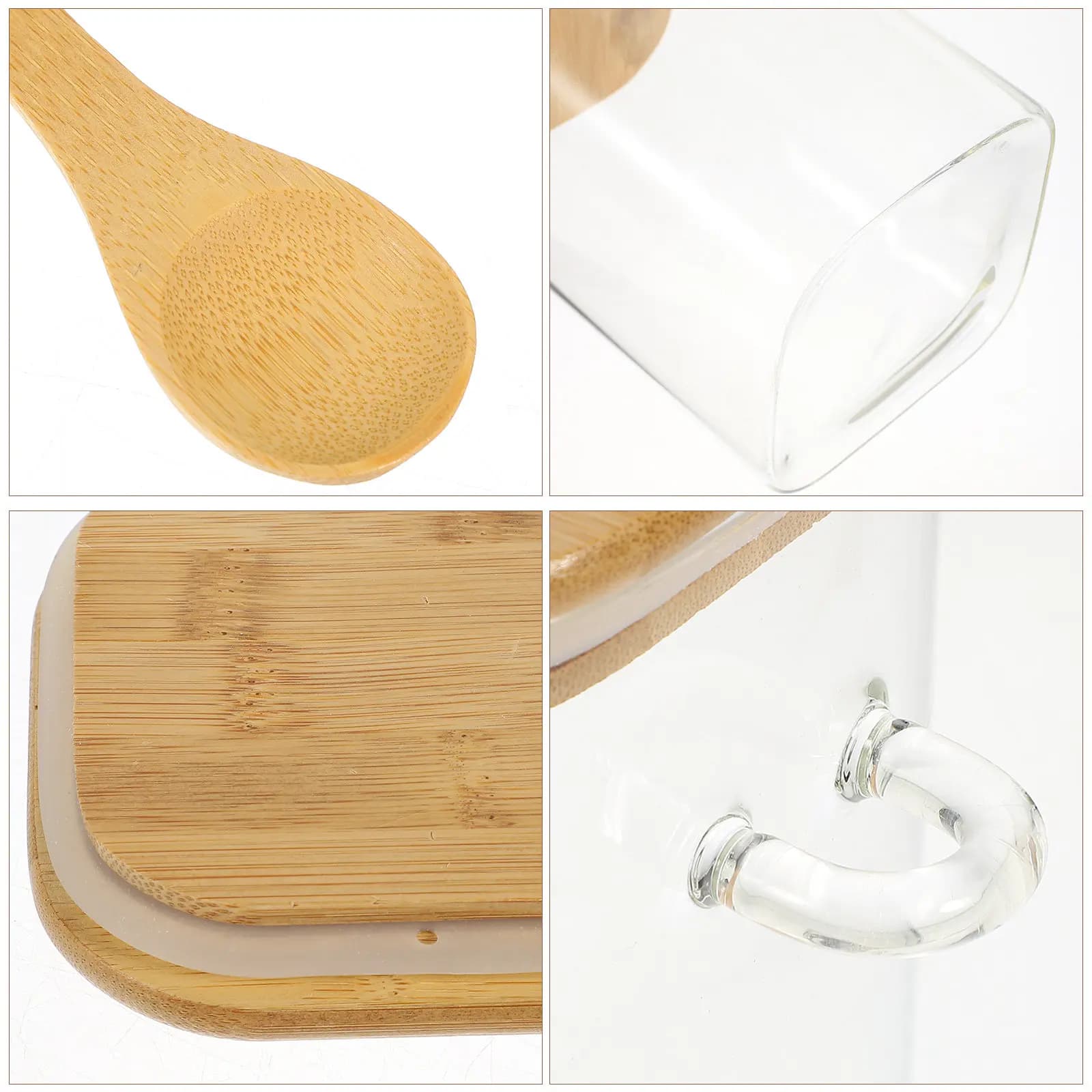 1Set Square Airtight Glass Food Storage Jar with Wooden Lid Spoon for Tea Candy Flour Grains Nuts Dried Fruits Kitchen Cereals