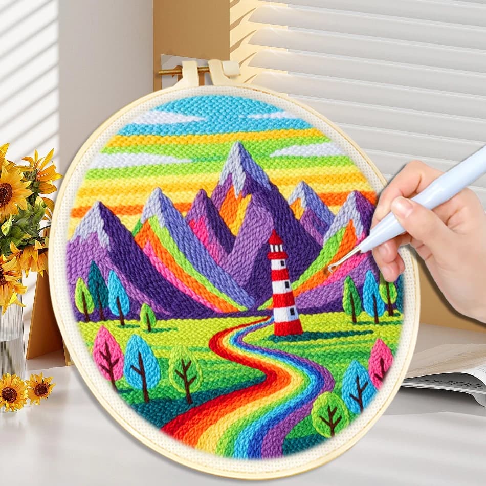 DIY Punch Needle Embroidery Starter Kit for Beginners Mountain Landscape with Hoop Embroidery Sewing For Festival Gift and Decor