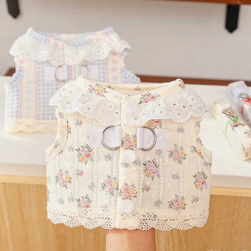 Pet Dog Harness Vest with Leash Lace Jacquard Breathable Summer Pet Clothes for Kitten Ragdoll Cats Outdoor Walking Dog Clothing