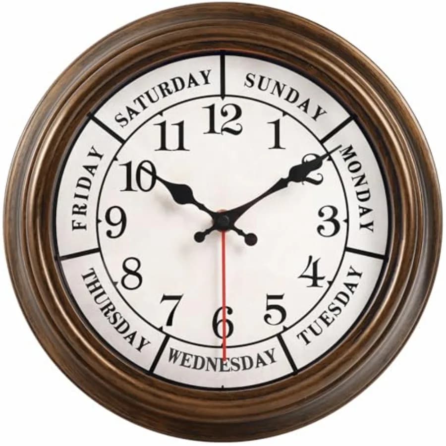 12 inch vintage wall clock, weekday, calendar, silent without ticking, battery powered