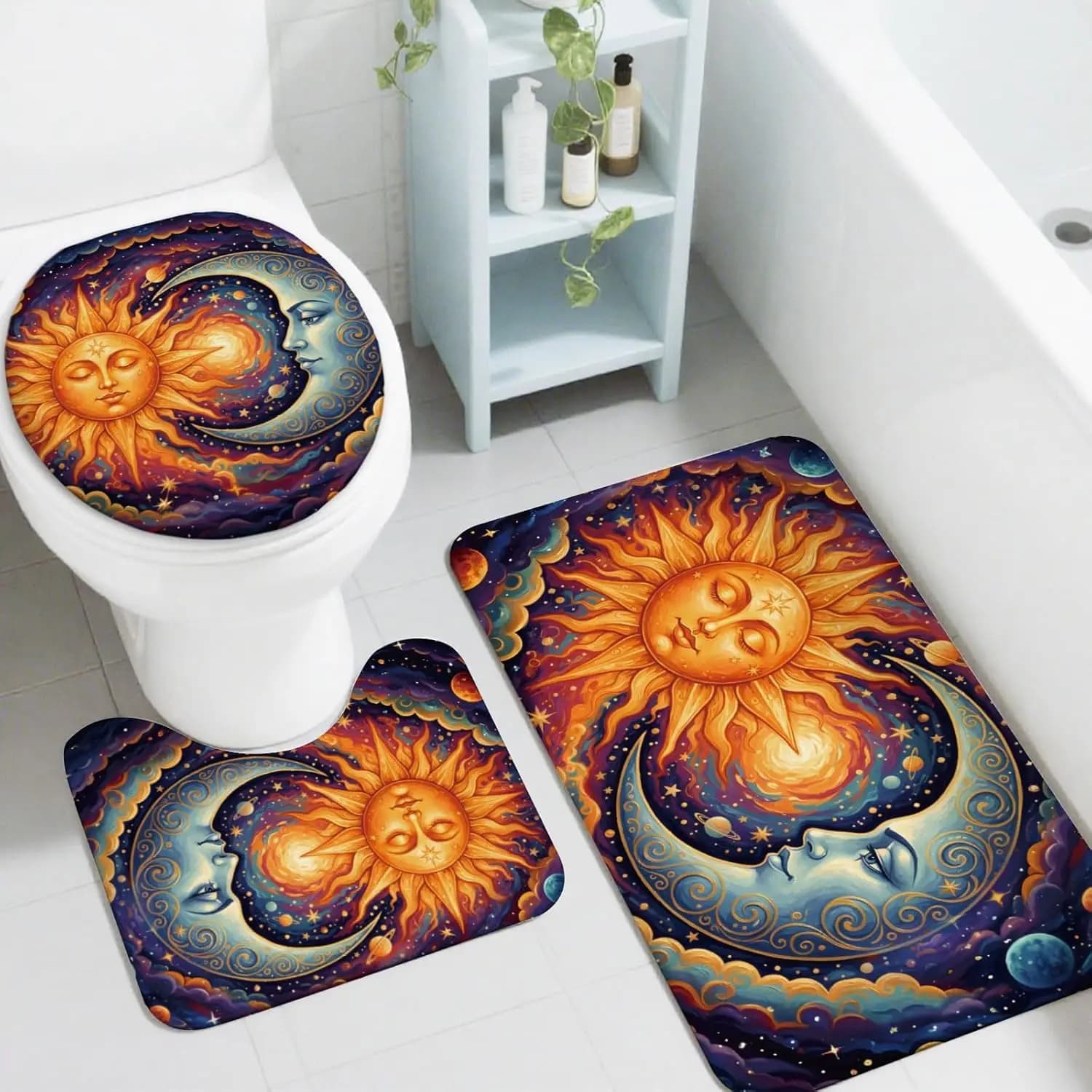 Set di tappetini da bagno Sun & Moon – Tappeto a 3 pezzi Cosmic Retro per bagno, copriwater e tappetino a forma di U, antiscivolo e lavabile