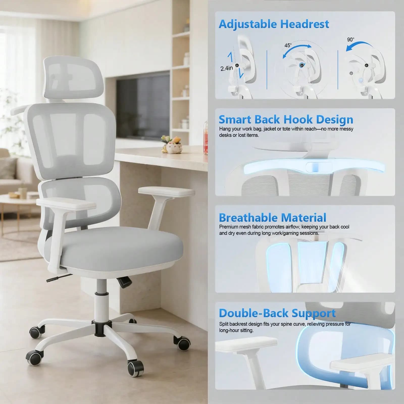 Sedia da Ufficio Ergonomica con Supporto Lombare e Poggiatesta, Sedia da Computer in Rete con Cuscino Spesso, Braccioli e Blocco Inclinazione