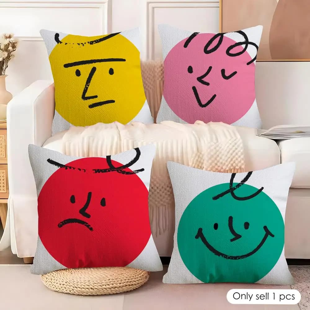 Macaron's Emotional Round Face Cushion Cover Soft Short Plush Sofa Pillow Cover Invisible Zipper Dustproof Decorative