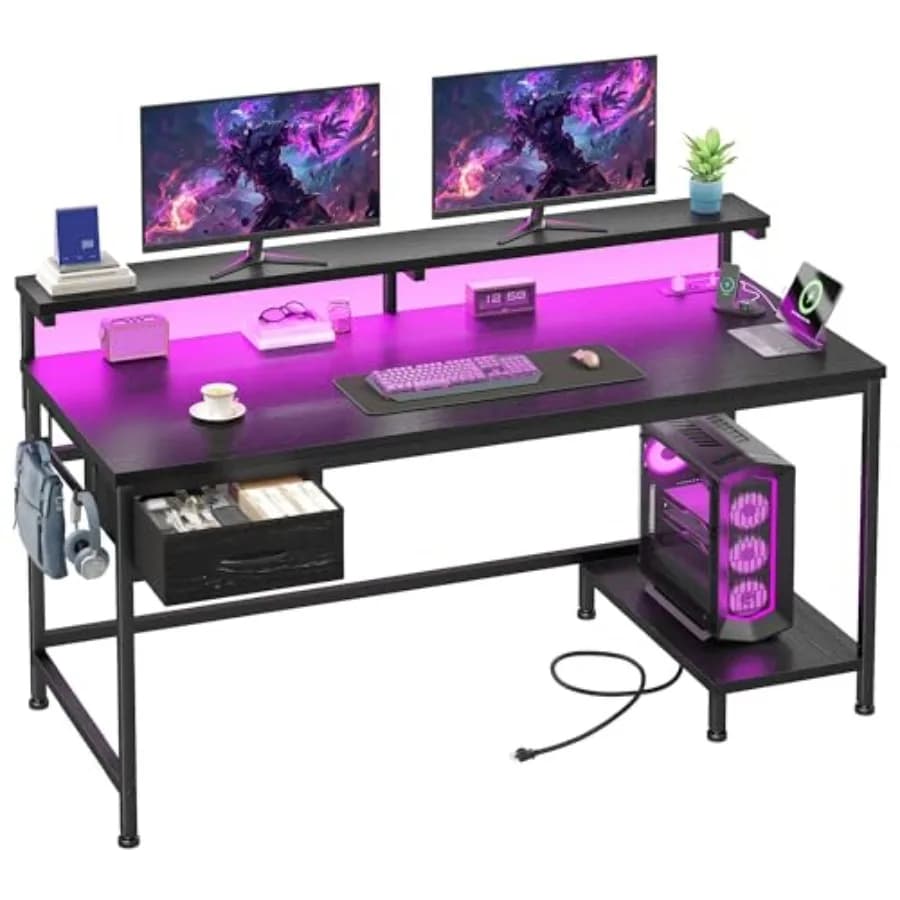 47.2 gaming desk with power outlet and LED lights, computer desk with adjustable monitor support and drawer, office desk with CPU support