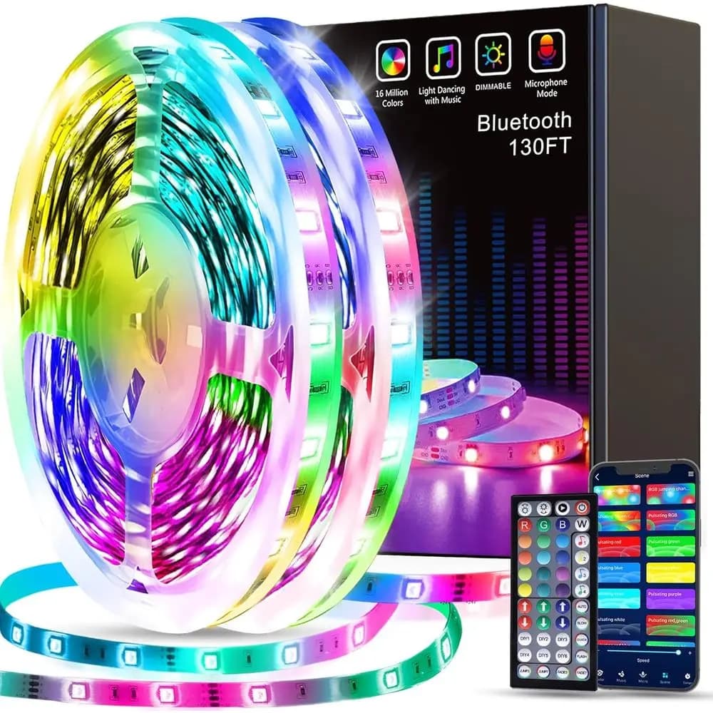 Strisce LED RGB Intelligenti - 130ft (2 Rotoli da 65ft) per Camera da Letto, Sincronizzazione Musicale e Sale per Feste