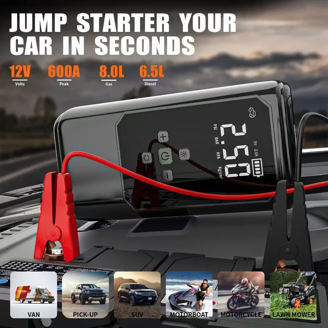 Avviatore di Emergenza Portatile 800A 6-in-1, Booster per Batteria Auto 12V con Pompa d'Aria Integrata, Power Bank e Dispositivo di Avviamento per Veicoli