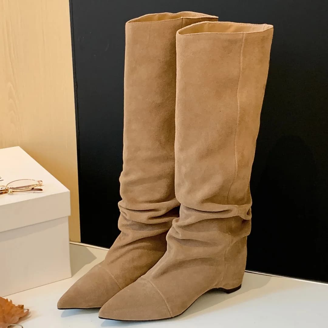 danxuefei women's natural suede leather pointed toe slip-on autumn knee high boots 4.5cm wedge med heel easy style long boots 40