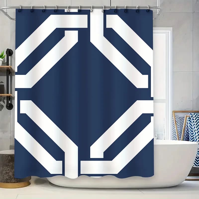 Tenda da doccia unica blu e bianca con tessuto impermeabile dal design moderno per decorazioni da bagno