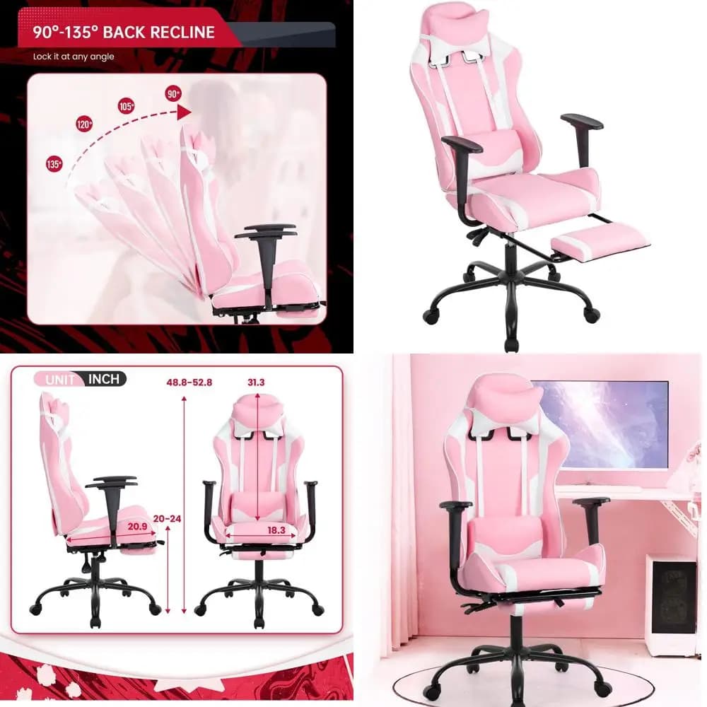 Sedia Girevole Ergonomica Rosa con Supporto Lombare, Cuscino e Poggiapiedi Regolabile per Casa e Ufficio