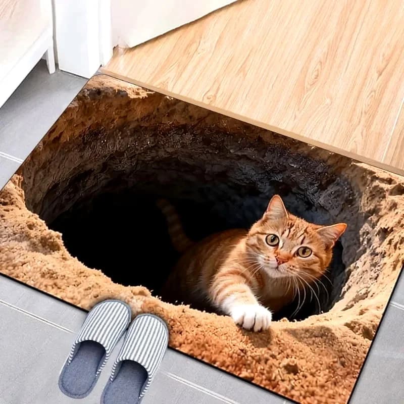 3D Optical Illusion Cat Round Hole Door Mat Daily Home Absorbent Anti-slip Carpet Living Room Bedroom Bathroom Doorway Decor Rug