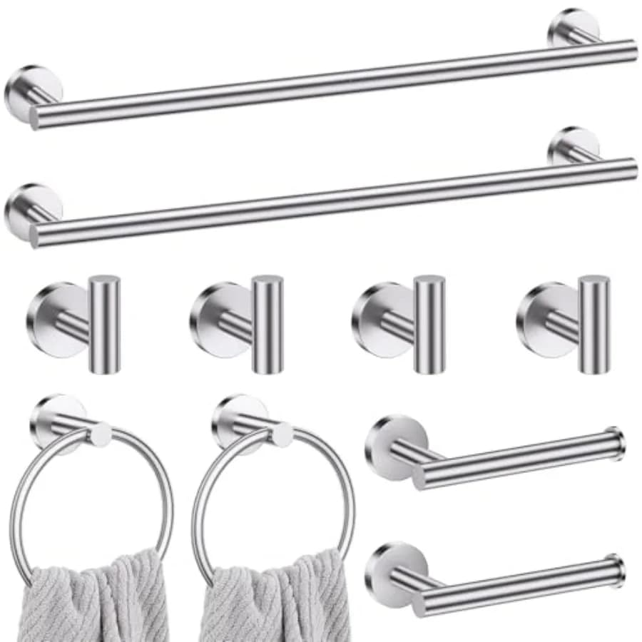 Set di accessori per il bagno: finitura nichel spazzolato, acciaio inossidabile SUS304, set di 10 pezzi con portasciugamani rotondo da parete resistente alla corrosione