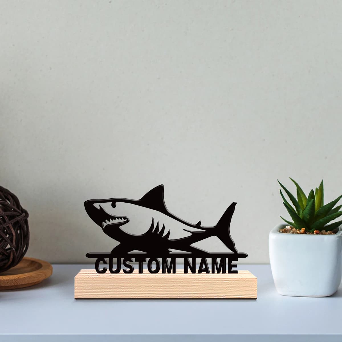 Custom Metal Shark Statue with Wood Base, Table Decoration, Camping Desk Sculpture, Ideal