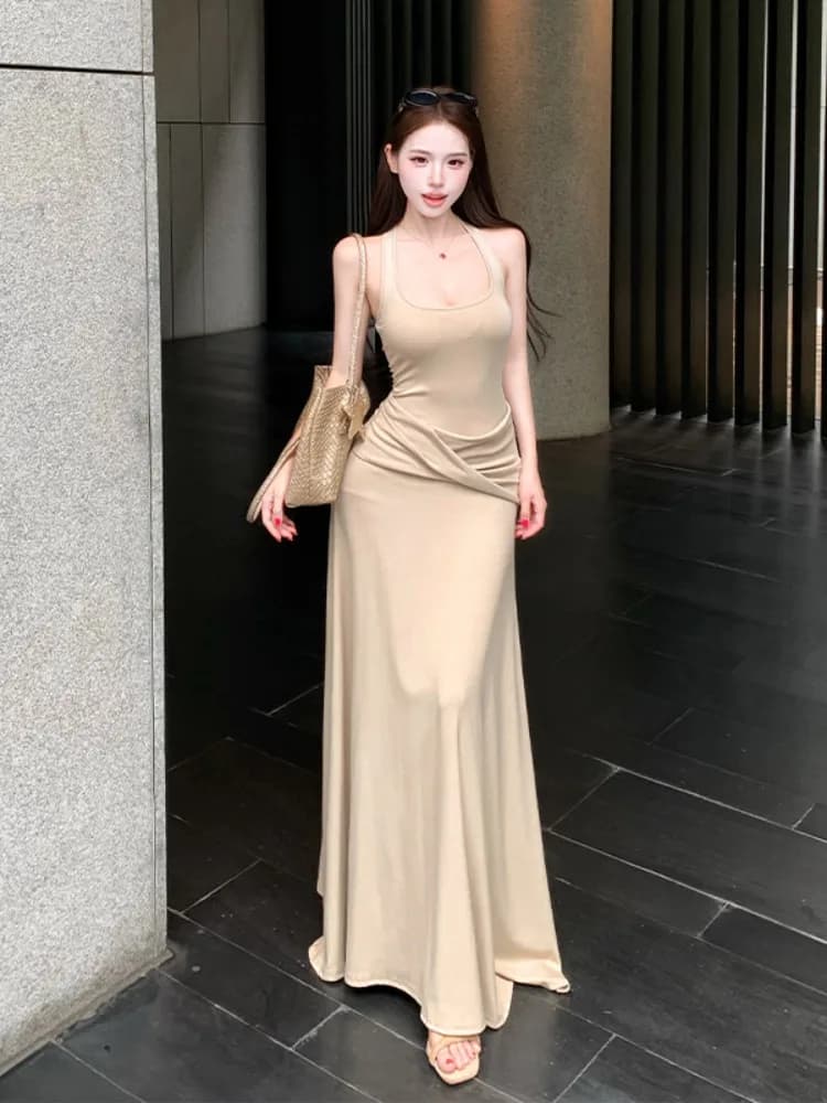 Retro Knot U-Neck Vest Dress Women Summer New Design Slimming Long Skirt Breathable Comfortable Pure Desire Style Casual Wear