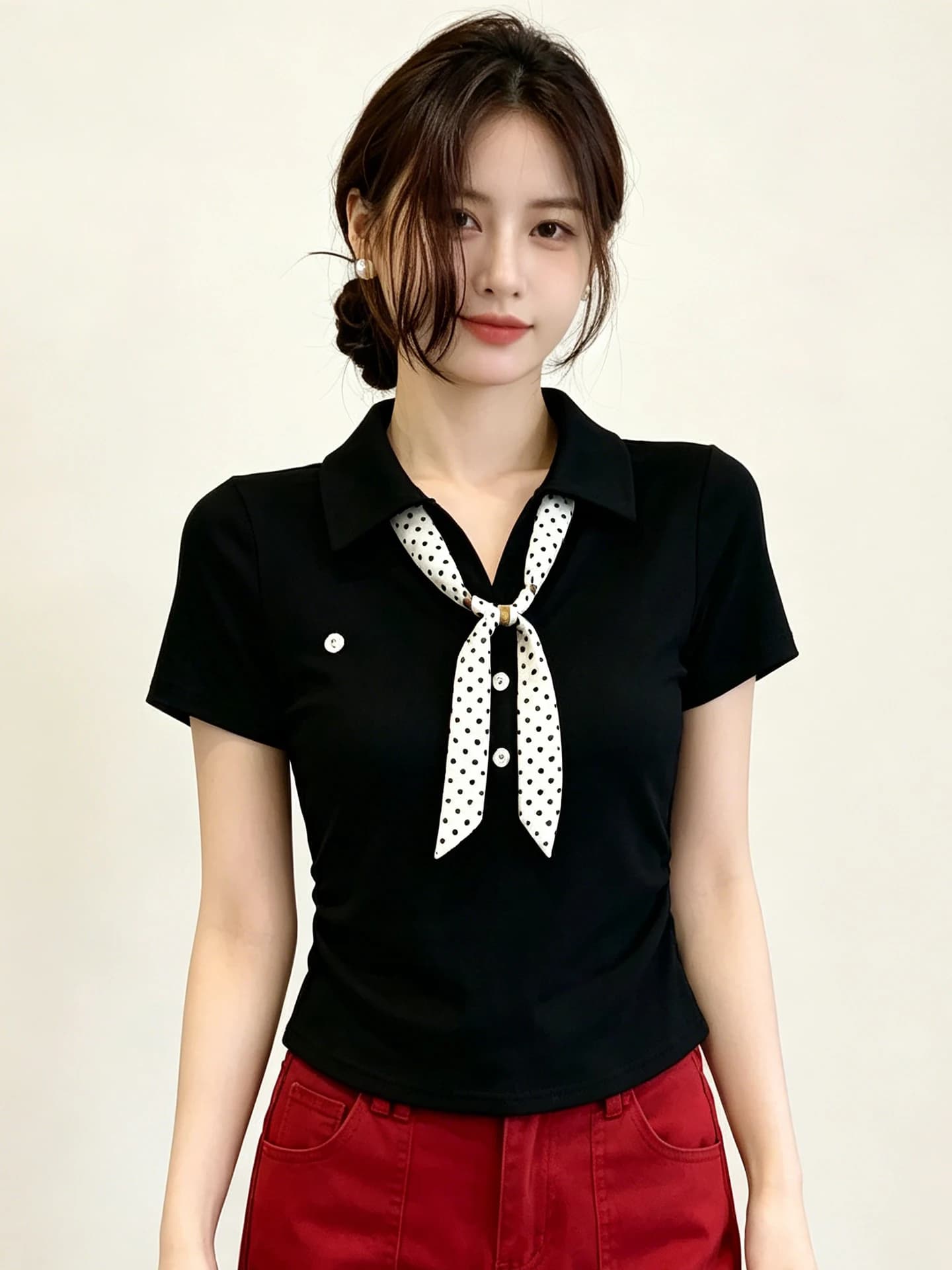 T-shirt da donna stile college, estivo, slim fit, a maniche corte, con sciarpa in seta decorativa, giovanile, anti-macchia