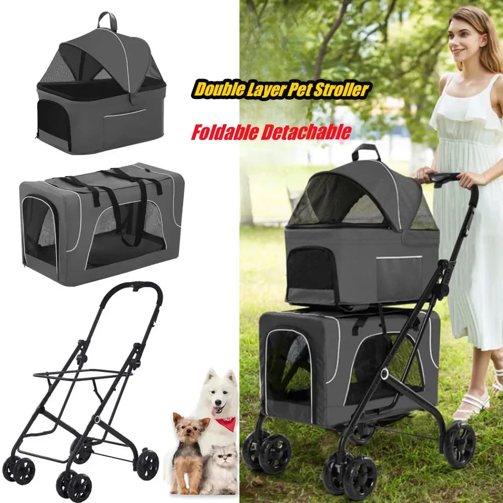 Passeggino di Lusso per Due Cani 3 in 1, Trasportino Utopian per Gatti e Animali Domestici, 4 Ruote, Manubrio in Pelle PU, Ampia Tasca Posteriore per Viaggi