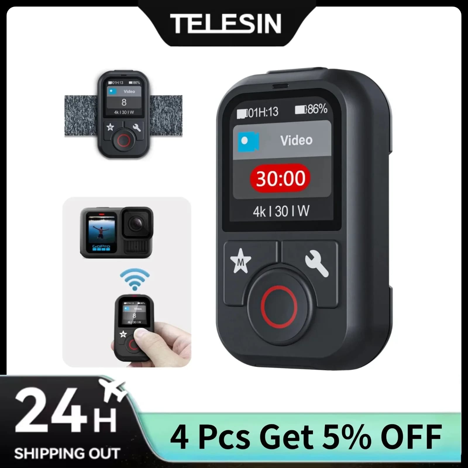 TELESIN Waterproof remote control for Gopro Hero 13 12 11 10 9 8 MAX Accessories 60M remote control with cord accessory Gopro