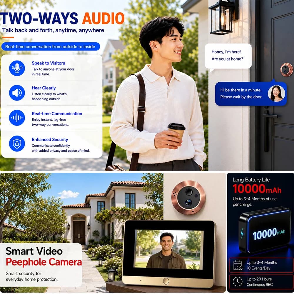 Work 3-4 Months Tuya SmartLife 2MP WiFi Peephole Door Eye 940 Infrared PIR Camera 2-Way-Audio with 5Inch Screen 10000mAh Battery