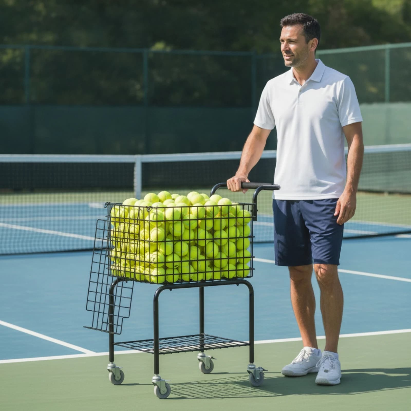 Tennis Ball Cart Large Capacity Tennis Cart with Wheels Ball Basket with Stand Rolling Equipment Portable for Coaches